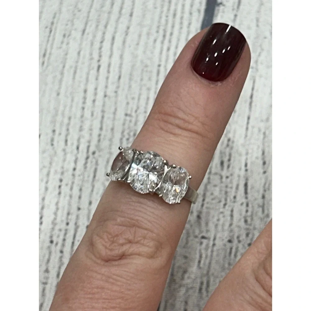 925 Sterling Silver JED 3 Stone Clear CZ Oval & Round Statement Ring Size‎ 7